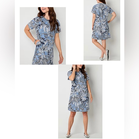 Liz Claiborne Womens Short Sleeve Shirt Button-down Dress Blue Tropical size M - Picture 1 of 9